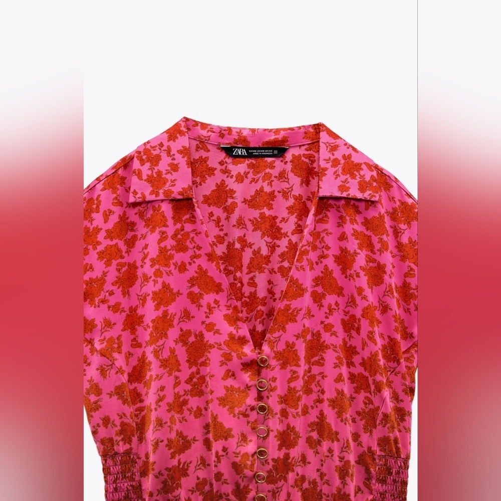 NWOT Zara Satin Effect Pink & Red Floral Print Mini Dress - Women's Medium - Picture 6 of 12